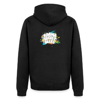 Karma regelt Alles - Unisex Premium Bio Zip Hoodie - Schwarz - Hinten - Nico (187cm)