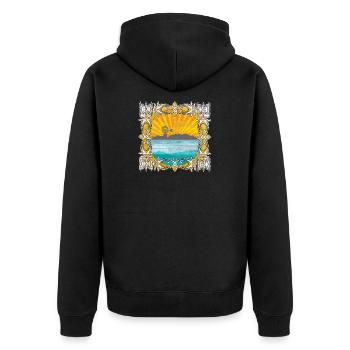 Sonnenaufgang am Meer mit Windmühle - Unisex Premium Bio Zip Hoodie - Schwarz - Hinten - Nico (187cm)