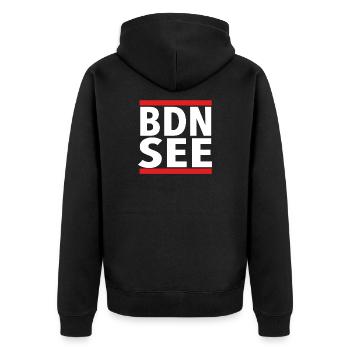 BDN SEE - Unisex Premium Bio Zip Hoodie - Schwarz - Hinten - Nico (187cm)
