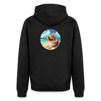 Corgi Strandseite Freude Illustration - Unisex Premium Bio Zip Hoodie - Schwarz - Hinten - Nico (187cm)