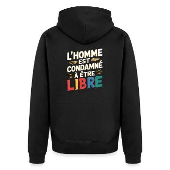 L'homme est condamné à être libre - Veste à capuche bio Premium Unisexe - noir - Dos - Nico (187cm)