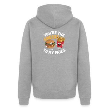 Fromage à mes frites - Veste à capuche bio Premium Unisexe - gris chiné - Dos - Nico (187cm)