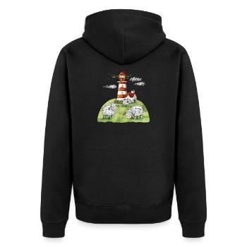 Leuchtturm und Schafe I Nordsee Ostsee Küste - Unisex Premium Bio Zip Hoodie - Schwarz - Hinten - Nico (187cm)
