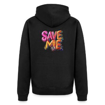 Stylischer 3D Schriftzug "SAVE ME" mit Schlössern - Unisex Premium Bio Zip Hoodie - Schwarz - Hinten - Nico (187cm)