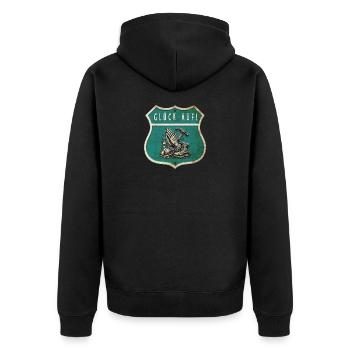 Mining – Faith & Work - Unisex Premium Organic Zip Hoodie - black - Back - Nico (187cm)