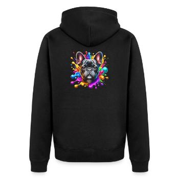 Französische Bulldogge mit bunten Farbklecksen - Unisex Premium Bio Zip Hoodie - Schwarz - Hinten - Nico (187cm)
