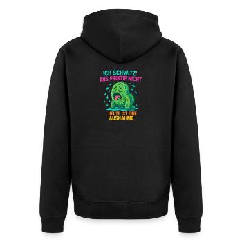 Witziges Kaktus Design – „Ich schwitz’ aus Prinzip - Unisex Premium Bio Zip Hoodie - Schwarz - Hinten - Nico (187cm)