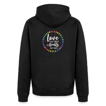 LGBTQ Pride Month - Love is All About Hearts - Unisex Premium Organic Zip Hoodie - black - Back - Nico (187cm)