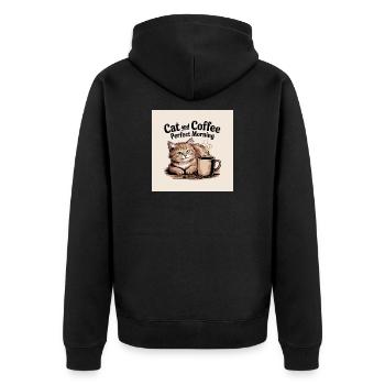 Katze und Kaffe ist ein perfekter Morgen - Unisex Premium Bio Zip Hoodie - Schwarz - Hinten - Nico (187cm)
