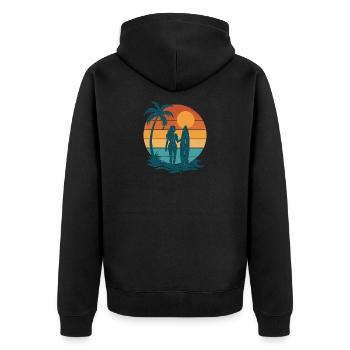 Sonnenuntergang am Strand mit Surferin - Unisex Premium Bio Zip Hoodie - Schwarz - Hinten - Nico (187cm)