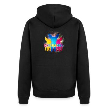 Bunte Chihuahua Silhouetten mit Pop-Art Schriftzug - Unisex Premium Bio Zip Hoodie - Schwarz - Hinten - Nico (187cm)
