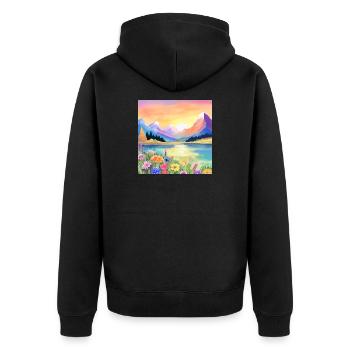 Sonnenuntergang über den Bergen, dem See und den Blumen - Unisex Premium Bio Zip Hoodie - Schwarz - Hinten - Nico (187cm)