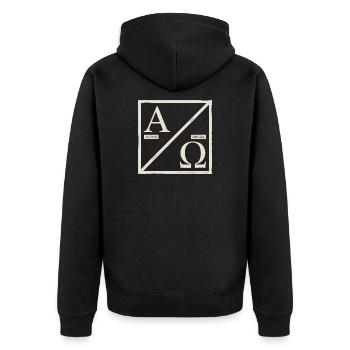 Christlich Alpha Omega Zeichen Deines Glaubens - Unisex Premium Bio Zip Hoodie - Schwarz - Hinten - Nico (187cm)