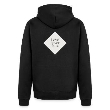 Unerschütterliche Liebe auf cremefarbenem Hintergrund - Unisex Premium Bio Zip Hoodie - Schwarz - Hinten - Nico (187cm)