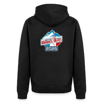 Route des Grandes Alpes | Color | 2026 - Unisex Premium Bio Zip Hoodie - Schwarz - Hinten - Nico (187cm)