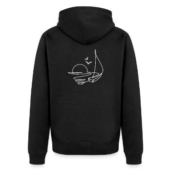 Segelboot Skizze mit Sonne und Vögeln - Unisex Premium Bio Zip Hoodie - Schwarz - Hinten - Nico (187cm)