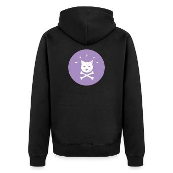 Jolly Roger Punk Katze in  Lila Kreis - Unisex Premium Bio Zip Hoodie - Schwarz - Hinten - Nico (187cm)