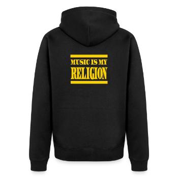 Musik ist meine Religion – Sonderausgabe - Unisex Premium Bio Zip Hoodie - Schwarz - Hinten - Nico (187cm)