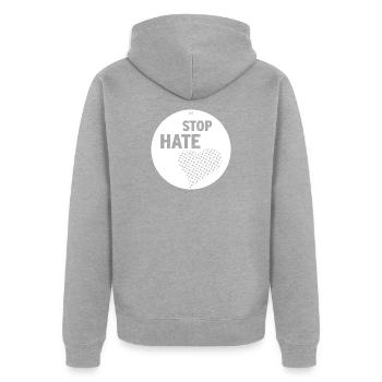 STOP HATE - Unisex Premium Bio Zip Hoodie - Grau meliert - Hinten - Nico (187cm)
