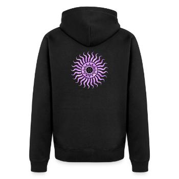 Verträumte lila Sonne - Unisex Premium Bio Zip Hoodie - Schwarz - Hinten - Nico (187cm)