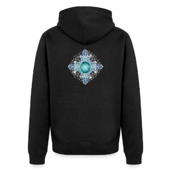 Filigranes Ethno-Ornament mit leuchtendem Türkis - Unisex Premium Bio Zip Hoodie - Schwarz - Hinten - Nico (187cm)