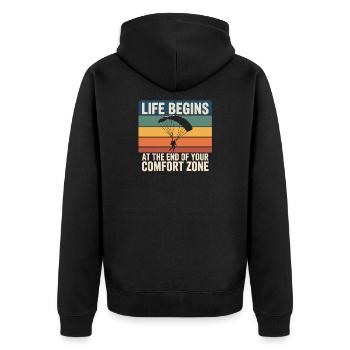 Das Leben beginnt in der Komfortzone Fallschirmspringen - Unisex Premium Bio Zip Hoodie - Schwarz - Hinten - Nico (187cm)