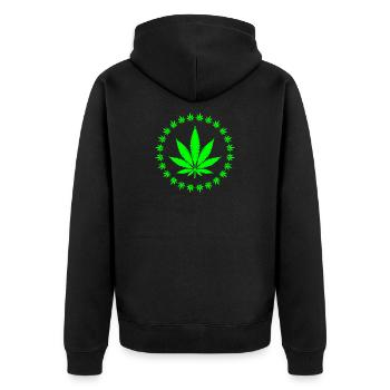 Ringdesign mit leuchtend grünem Cannabisblatt - Unisex Premium Bio Zip Hoodie - Schwarz - Hinten - Nico (187cm)