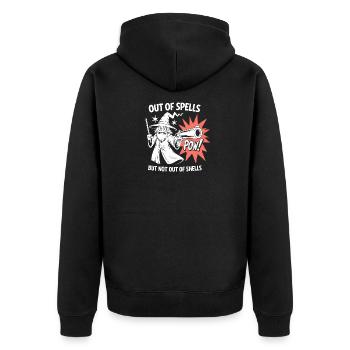 Aus den Zaubern, aber nicht aus den Hüllen - Cool Wizard - Unisex Premium Bio Zip Hoodie - Schwarz - Hinten - Nico (187cm)