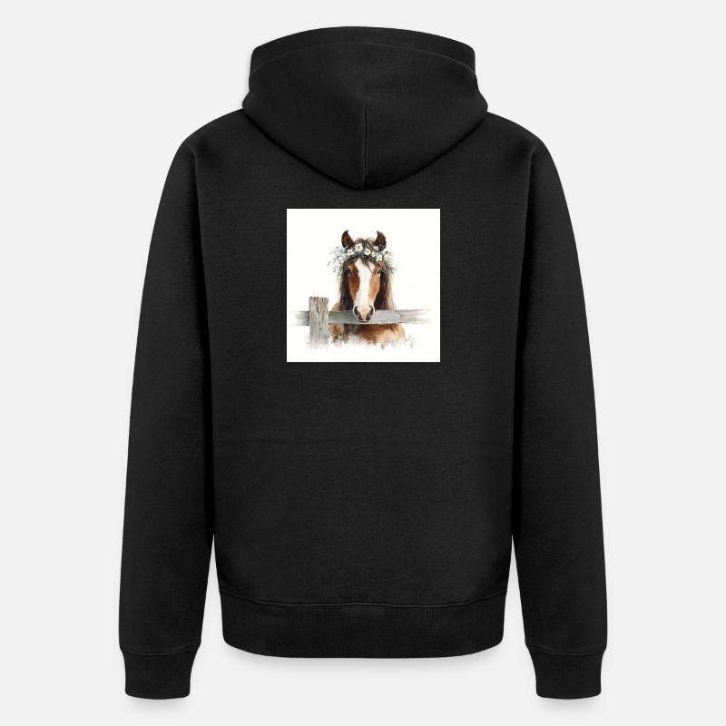Aquarellpferd mit Blumenkrone - Unisex Premium Bio Zip Hoodie - Schwarz