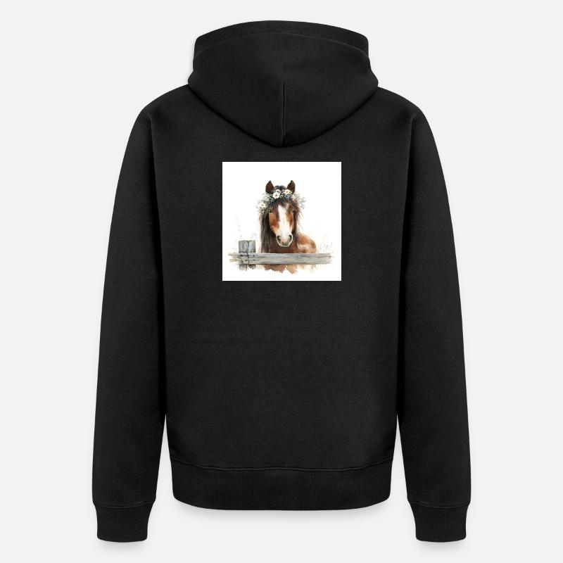 Cheval aquarelle avec couronne florale - Veste à capuche bio Premium Unisexe - noir