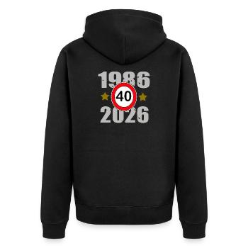1986–2026: 40 Jahre Jubiläum - Unisex Premium Bio Zip Hoodie - Schwarz - Hinten - Nico (187cm)