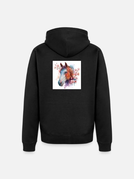 Aquarelle Cheval et Fleurs - Veste à capuche bio Premium Unisexe - noir