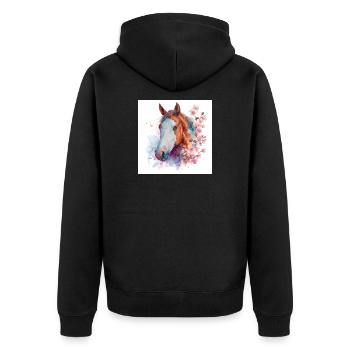 Aquarell Pferde- und Kirschblüten - Unisex Premium Bio Zip Hoodie - Schwarz - Hinten - Nico (187cm)