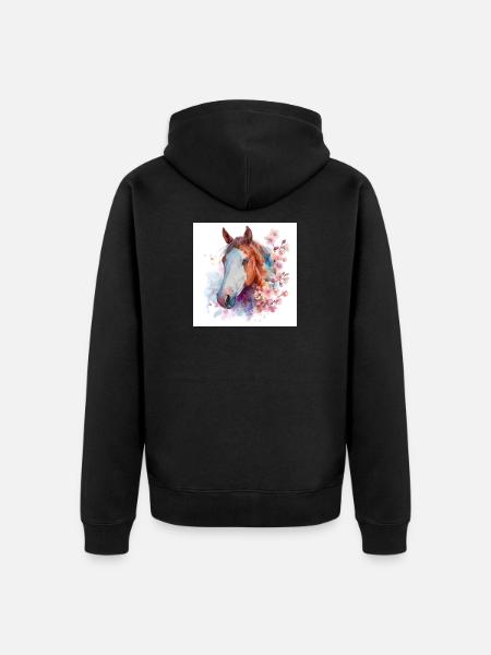Aquarell Pferde- und Kirschblüten - Unisex Premium Bio Zip Hoodie - Schwarz