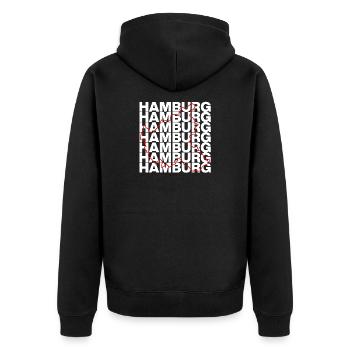 HAMBURG UMRISS ROT, MOIN HAFENSTADT - Unisex Premium Bio Zip Hoodie - Schwarz - Hinten - Nico (187cm)