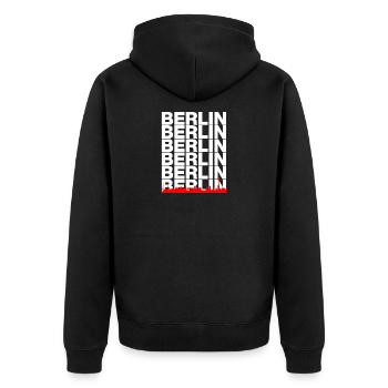 BERLIN SKYLINE, HAUPTSTADT VIBES! MAUER - Unisex Premium Bio Zip Hoodie - Schwarz - Hinten - Nico (187cm)