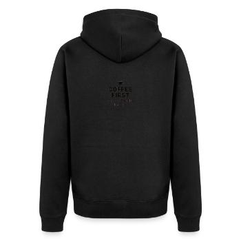 Coffee First, Everything Later – Lustig Kaffee - Unisex Premium Bio Zip Hoodie - Schwarz - Hinten - Nico (187cm)