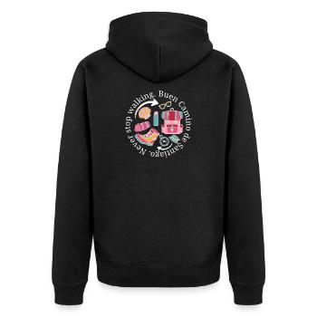 Buen Camino Never Stop Walking in Pastellrosa - Unisex Premium Bio Zip Hoodie - Schwarz - Hinten - Nico (187cm)