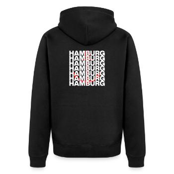 HAMBURG LIEBE HH HAFENPOWER ANKER - Unisex Premium Bio Zip Hoodie - Schwarz - Hinten - Nico (187cm)