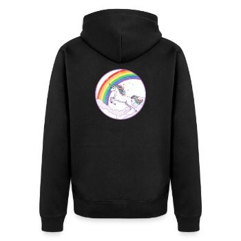 Regenbogen Einhorn über Wolken Herzchen Motiv - Unisex Premium Bio Zip Hoodie - Schwarz - Hinten - Nico (187cm)
