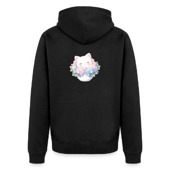 Süße weiße Katze in Hortensien – Kawaii Design - Unisex Premium Bio Zip Hoodie - Schwarz - Hinten - Nico (187cm)