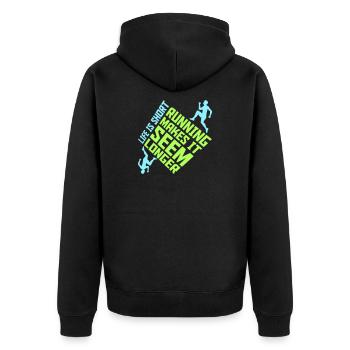 Life Is Short Running Makes It Seem Longer Lustig  - Unisex Premium Bio Zip Hoodie - Schwarz - Hinten - Nico (187cm)