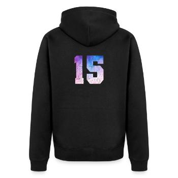 Issue 15 – 15th Anniversary Gift - Unisex Premium Organic Zip Hoodie - black - Back - Nico (187cm)