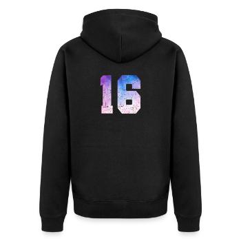 Ausgabe 16 – 16. Jubiläumsgeschenk - Unisex Premium Bio Zip Hoodie - Schwarz - Hinten - Nico (187cm)