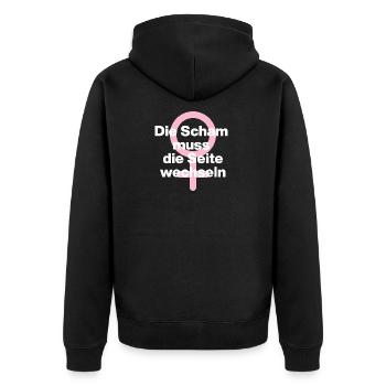 FRAUENPOWER: DIE SCHAM MUSS DIE SEITE WECHSELN ♀ - Unisex Premium Bio Zip Hoodie - Schwarz - Hinten - Nico (187cm)