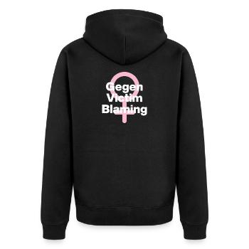 GEGEN VICTIM BLAMING – JETZT! ♀ FEMALE POWER GIRLS - Unisex Premium Bio Zip Hoodie - Schwarz - Hinten - Nico (187cm)