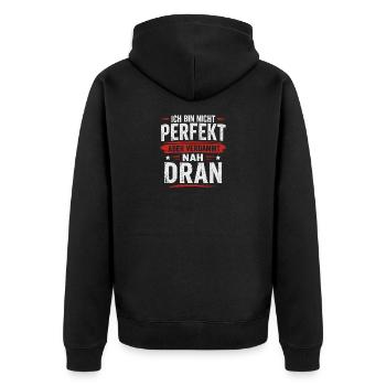 Ich bin nicht perfekt aber verdammt nah dran - Unisex Premium Bio Zip Hoodie - Schwarz - Hinten - Nico (187cm)