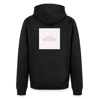 "ABER ZUERST EISKAFFEE" Grafik-Te-Design - Unisex Premium Bio Zip Hoodie - Schwarz - Hinten - Nico (187cm)