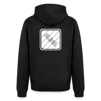 Geschenk für Alina - Unisex Premium Bio Zip Hoodie - Schwarz - Hinten - Nico (187cm)