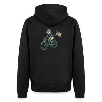 Funny Frog Riding Bicycle with American Flag - Unisex Premium Organic Zip Hoodie - black - Back - Nico (187cm)